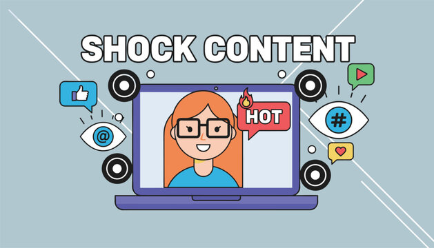 Digital clickbait concept representing shock content with laptop computer displaying sensational media.