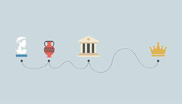 Historical timeline represented by ancient bust, Greek vase, temple, and golden crown connected by dotted lines.