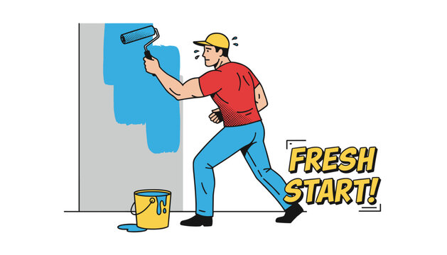 Energetic painter applies bright blue paint onto a wall with a roller for a fresh start interior renovation project.
