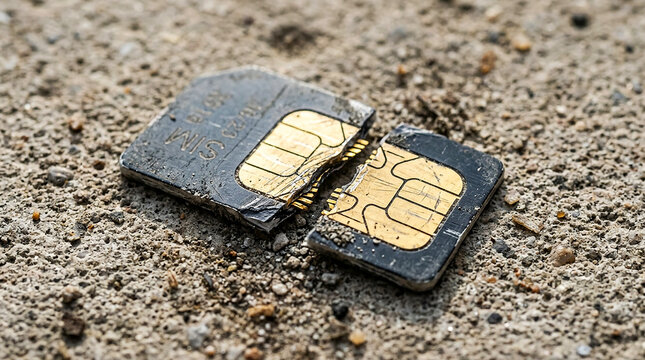 Broken sim card with a fractured golden chip lying on a rough dusty concrete surface illustrating technology failure data loss and communication breakdown