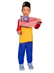 Children holding the Malaysian flag while wearing traditional clothing, independence day malaysia