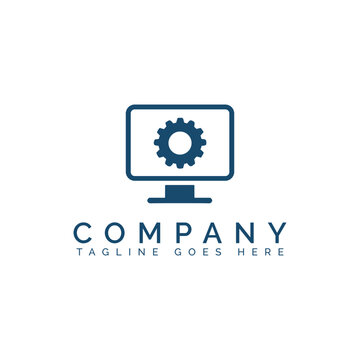 Computer monitor icon with a gear symbol inside, technology maintenance and repair logo design
