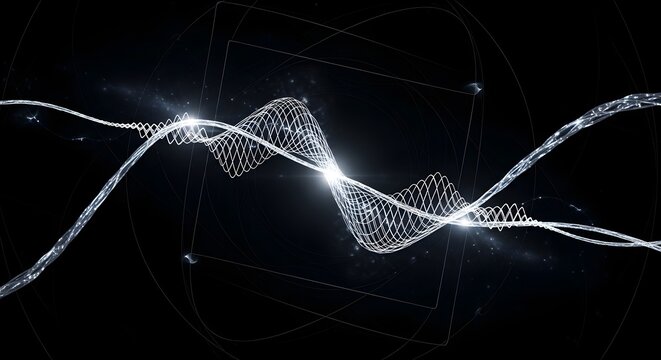Abstract futuristic data visualization with glowing wireframe lines and dynamic curves on dark cosmic background