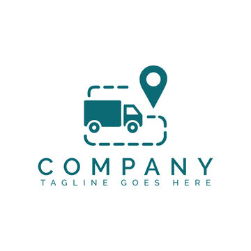 Delivery truck icon with location pin and dashed route path