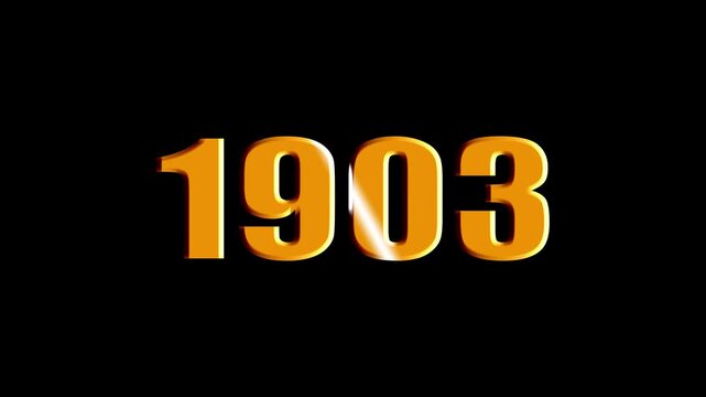 Scaling New Year 1903 Text Animation in Orange with Light Sweep, Isolated on Black Background.