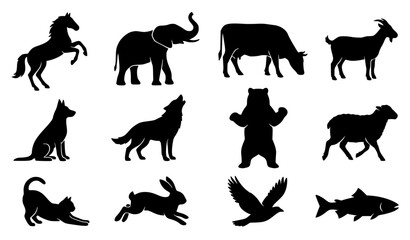 Obraz premium Black Domestic and Wild Animal Silhouette Vector Illustration Collection