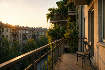 Fototapeta premium Empty apartment balcony with a single wooden chair. Space for text.