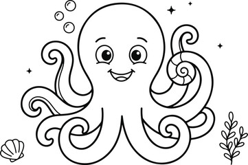 Obraz premium Happy cartoon octopus holding a shell, bubbles, stars and seaweed, simple line art coloring page for kids