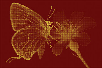 Naklejka premium Halftone illustration of a butterfly feeding on a flower, yellow dots on a dark red background