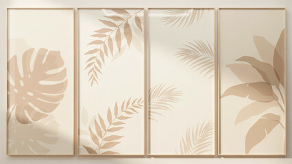 Naklejka premium Four vertical wall panels displaying tropical palm and monstera leaf silhouettes