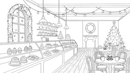 Fototapeta premium Festive bakery interior with glass display cases filled with cakes and cupcakes, a christmas tree, a fireplace, and holiday string lights.