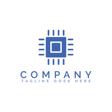 Minimalist blue computer chip icon logo design