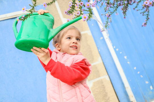Smiling Young Girl Waters Blooming Garden Flowers With Bright Green Can, Showing Playful Childhood Care Outdoors On Sunny Spring Day, With Vivid Petals, Blue Wall Background