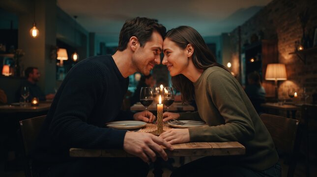 In a warmly lit restaurant, a couple leans towards each other with smiles, sharing a tender moment by candlelight. The atmosphere is intimate, filled with the soft sounds of laughter.