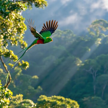 Colorful Quetzal Bird Flying in Forest