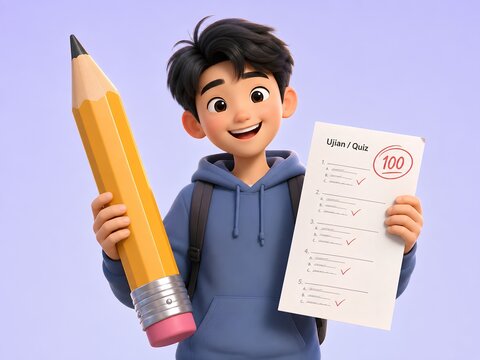 3D Asian student character holding giant pencil and exam paper with high grade illustration