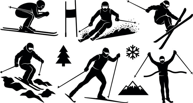 Silhouettes of skiers in various downhill poses against a white background skier skiing