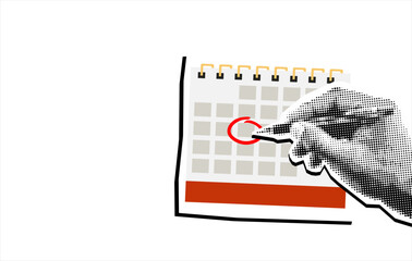 Obraz na płótnie Canvas Vector collage element of a man's hand marking a calendar with a red pen, important date and deadline concept, halftone newspaper style, hand drawn illustration, ready to use design element