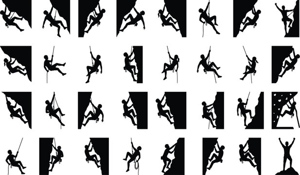 Rock Climbing and Rappelling Silhouette Collection Featuring Indoor Climbing Rope Access Mountaineering and Adventure Sports Icons