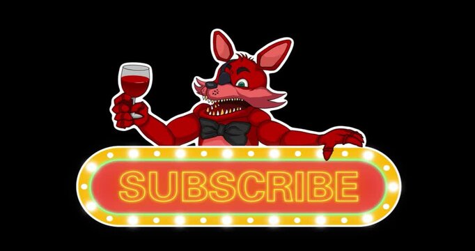 Animatronic fox mascot holding a wine glass with a retro glowing marquee Subscribe sign on a black background. Vintage arcade gaming call to action overlay for YouTube channels.