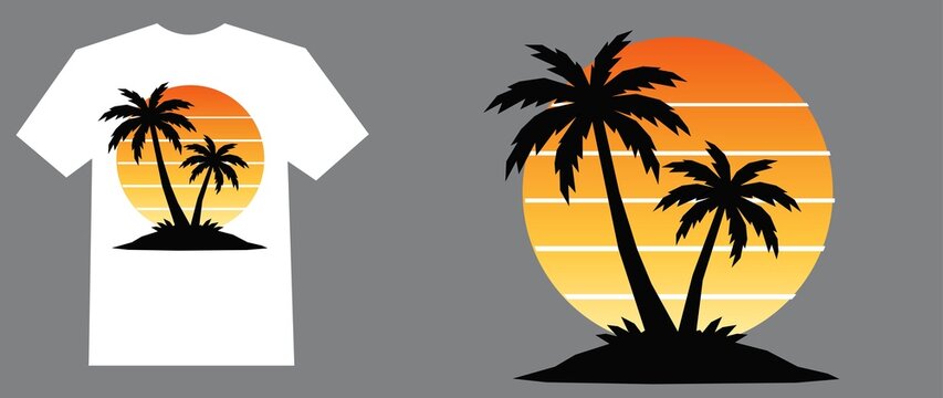 Tropical sunset palm trees island t-shirt design graphic vector template