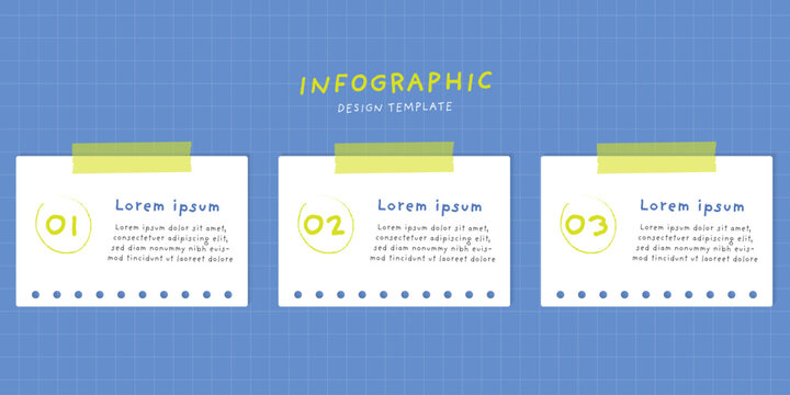 3 steps infographic design template. Torn paper notes with green masking tape and doodle numbers on blue grid background.