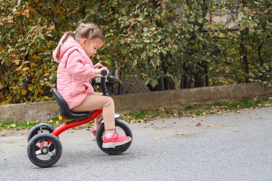 Young Girl Riding Red Tricycle On Paved Park Path During Autumn, Wearing Pink Hoodie And Braided Hair, With Focused Expression, Fallen Leaves, Green Trees, And Calm Outdoor