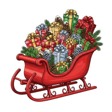 Red santa claus sleigh full of christmas gift boxes
