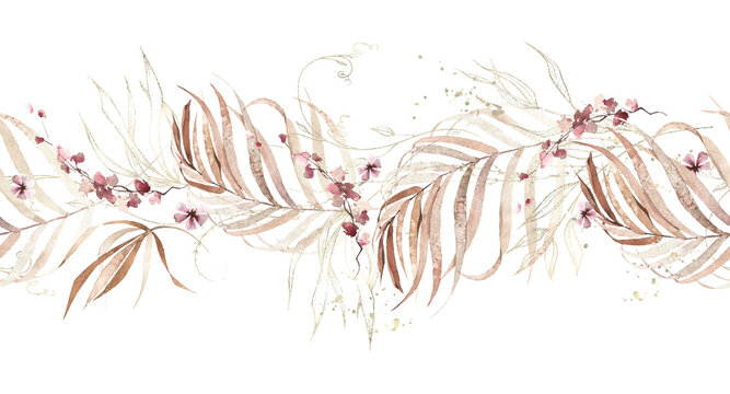 Watercolor autumn exotic foliage seamless border. Fall orange, yellow, beige tropical palm branches, pink, red floral twigs, leaves, butterfly, golden texture elements. Boho style hand drawn clipart.