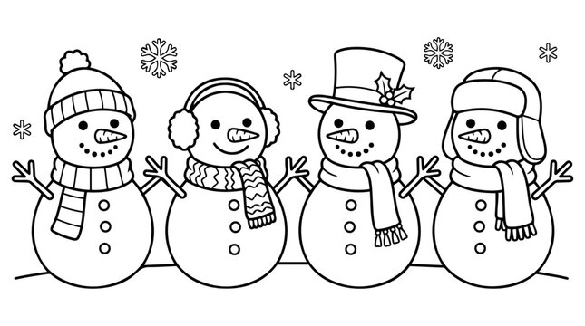 Snowman family line art illustration for Christmas coloring page