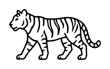 Obraz premium Minimalist black and white vector icon illustration of a majestic walking tiger with detailed stripes and a powerful stance, perfect for wildlife conservation logos, nature branding, or zoo graphics.