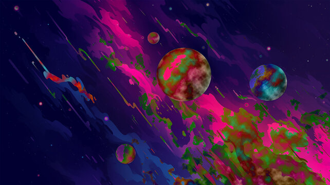 Colorful cosmic planets and space debris illustration