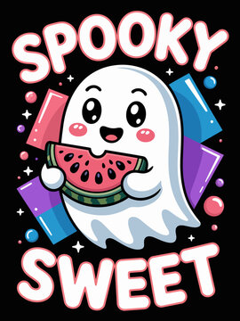 Spooky Sweet cute kawaii ghost eating watermelon Halloween summer graphic