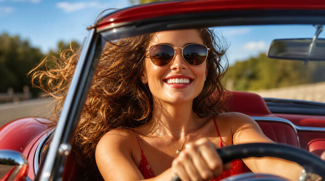 smiling woman wearing classic aviator sunglasses while driving a red convertible car on a sunny day