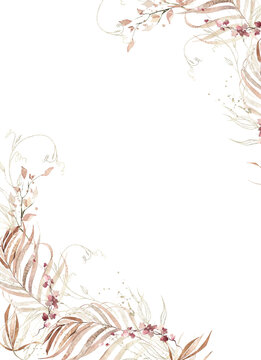 Watercolor autumn exotic foliage corner border frame. Fall orange, yellow, beige tropical palm branches, pink, red floral twigs, leaves, golden texture elements. Boho style hand drawn clipart.