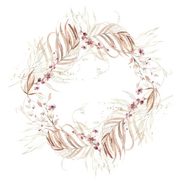 Watercolor autumn exotic foliage wreath frame. Fall orange, yellow, beige tropical palm branches, pink, red floral twigs, leaves, butterfly, golden texture elements. Boho style hand drawn clipart.