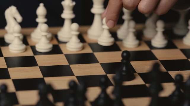 business hand moving a white pawn on a wooden chessboard, strategy