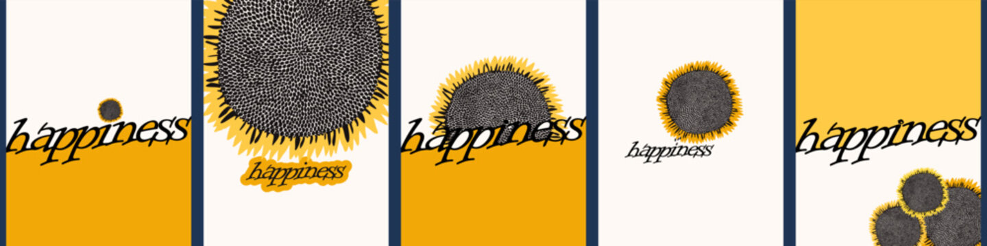  Sunflower Vertical Banner, poster, cover Set with Happiness Text. Creative graphic design layouts for social media, wallpapers, cards