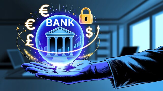 Digital banking concept with glowing bank symbol, currency icons and secure financial technology