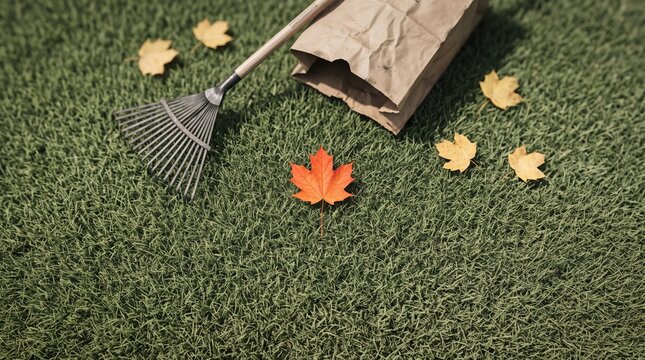 In a peaceful yard adorned with vibrant autumn foliage, a garden rake rests beside a brown paper bag, eagerly waiting for the leaves to be collected.