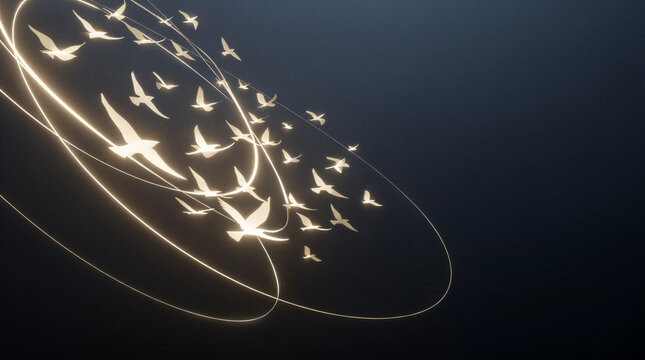 Bioluminescent birds flocking together with glowing energy grid lines forming a dynamic collaborative pattern