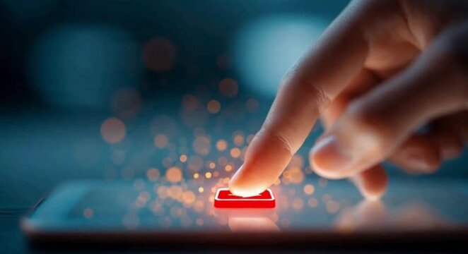 Human hand pushing order or help button on smartphone screen. Extreme close-up 4K stock  copy space video.