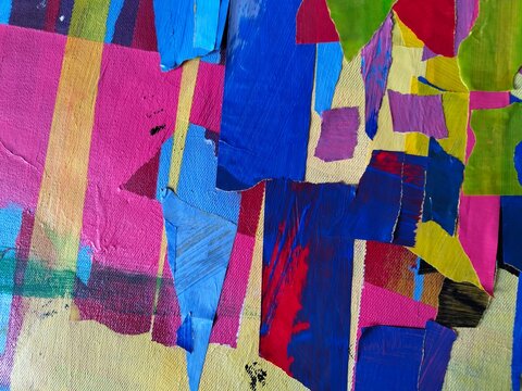 Title: Pink and Blue Abstract Collage with Green Detail