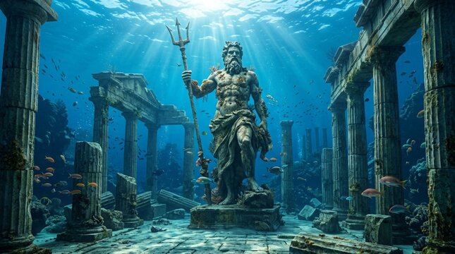Ancient bearded sea god stone statue holding trident amid submerged Greek ruin with sunbeams piercing turquoise water and tropical fish swimming