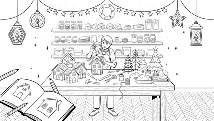 Fototapeta premium Artisan working in a craft workshop creating miniature gingerbread houses, surrounded by shelves of jars, tools, and festive holiday decorations.