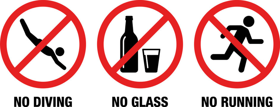 Prohibition signs for no diving no glass and no running for swimming pool and public area safety guidelines