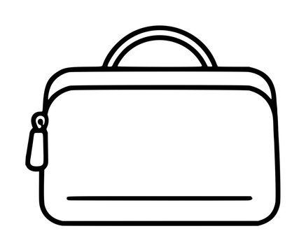 Minimalist vector icon of a toiletry bag for travel and hygiene, featuring a sleek outline design with a handle and zipper, perfect for beauty, cosmetic, and personal care organization graphics.