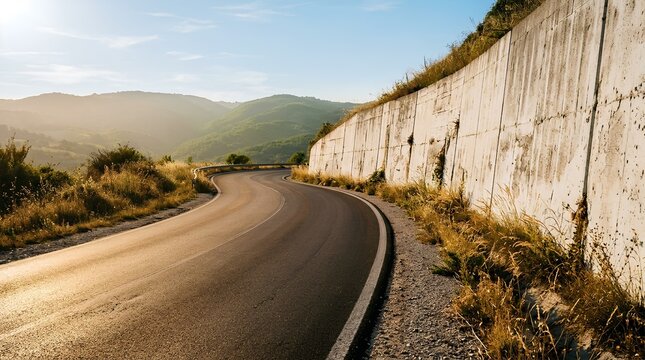 Smoothly curving asphalt mountain road runs beside a tall pale concrete retaining wall at golden hour with rolling green hills, dramatic shadows, and rural countryside scenery