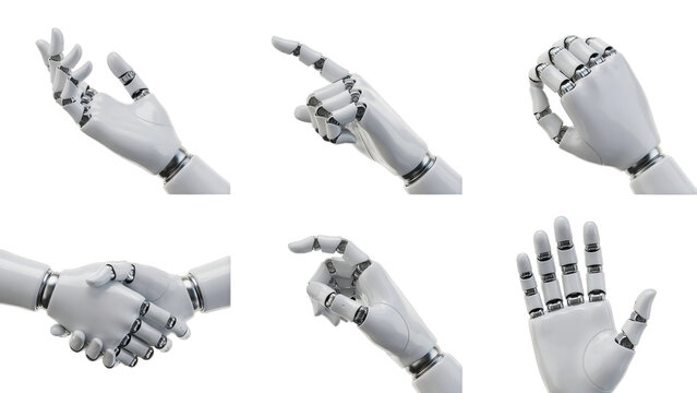 Set of white robotic hands showing various gestures, handshakes, and pointing fingers for technology concepts isolated on a transparent background