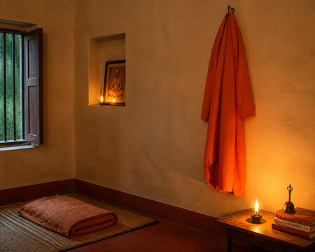 An Indian ashram room with an orange robe on the wall, lit by candlelight.